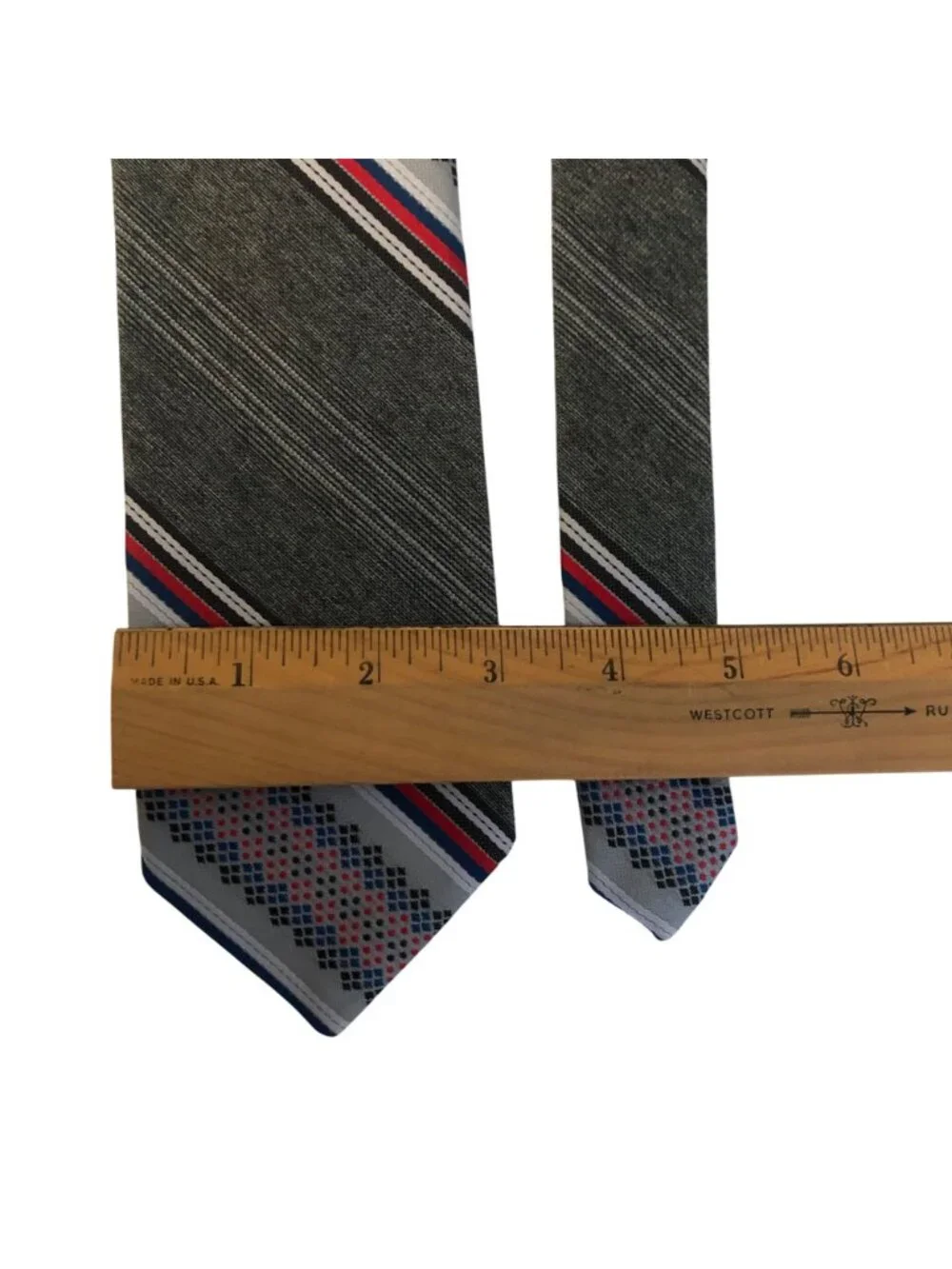 Prince Consort Mens Necktie Vintage Gray Red Stripe Golden Clasp Office Dad Gift